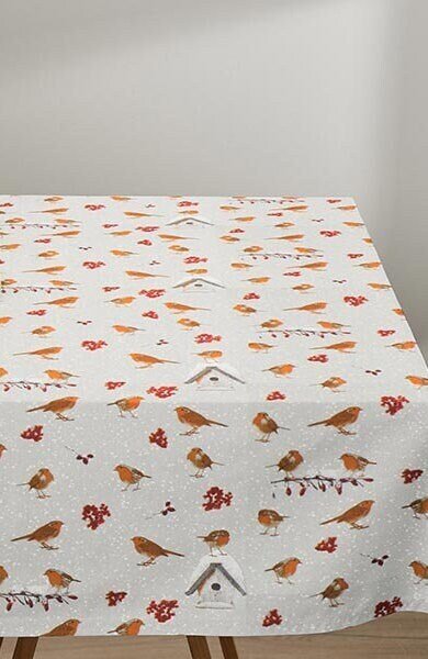 Winter Robin Christmas Tablecloth , Grey Robin Table Cover , Christmas Robin Grey Tablecloth , Tablecloth UK - CushionCoverAndDecor