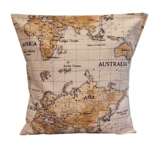 World Maps Cushion Cover , Atlas Beige Brown Pillow Cover , Cushion Cover UK 10" 12" 14" 16" 17" 18" 20" 22" 24" 26" 100% Cotton Handmade - CushionCoverAndDecor