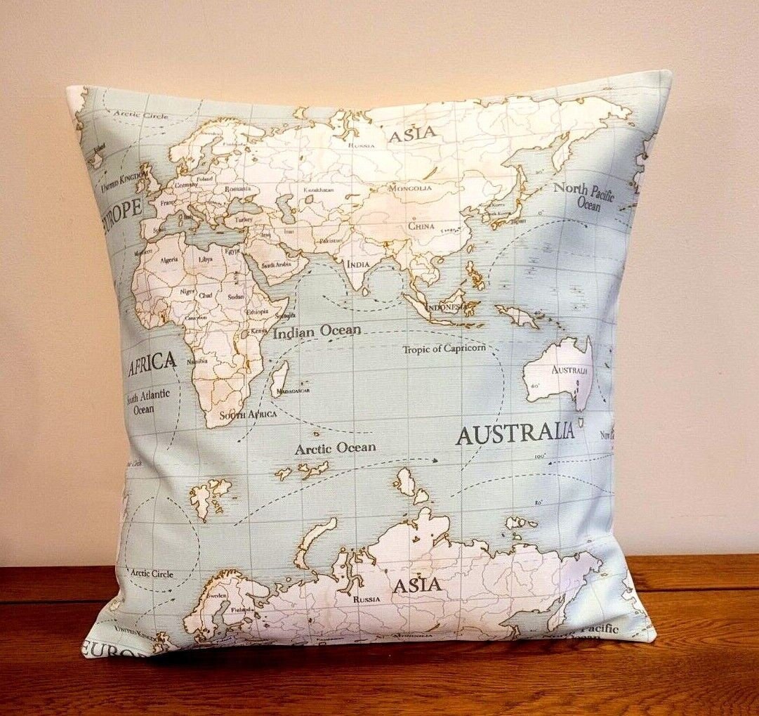 World Maps Cushion Cover , Atlas Duckegg Aqua Blue Pillow Cover 10" 12" 14" 16" 17" 18" 20" 22" 24" 26" 100% Cotton Handmade - CushionCoverAndDecor