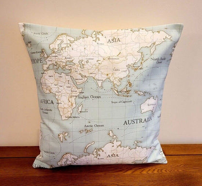 World Maps Cushion Cover , Atlas Duckegg Aqua Blue Pillow Cover 10" 12" 14" 16" 17" 18" 20" 22" 24" 26" 100% Cotton Handmade - CushionCoverAndDecor