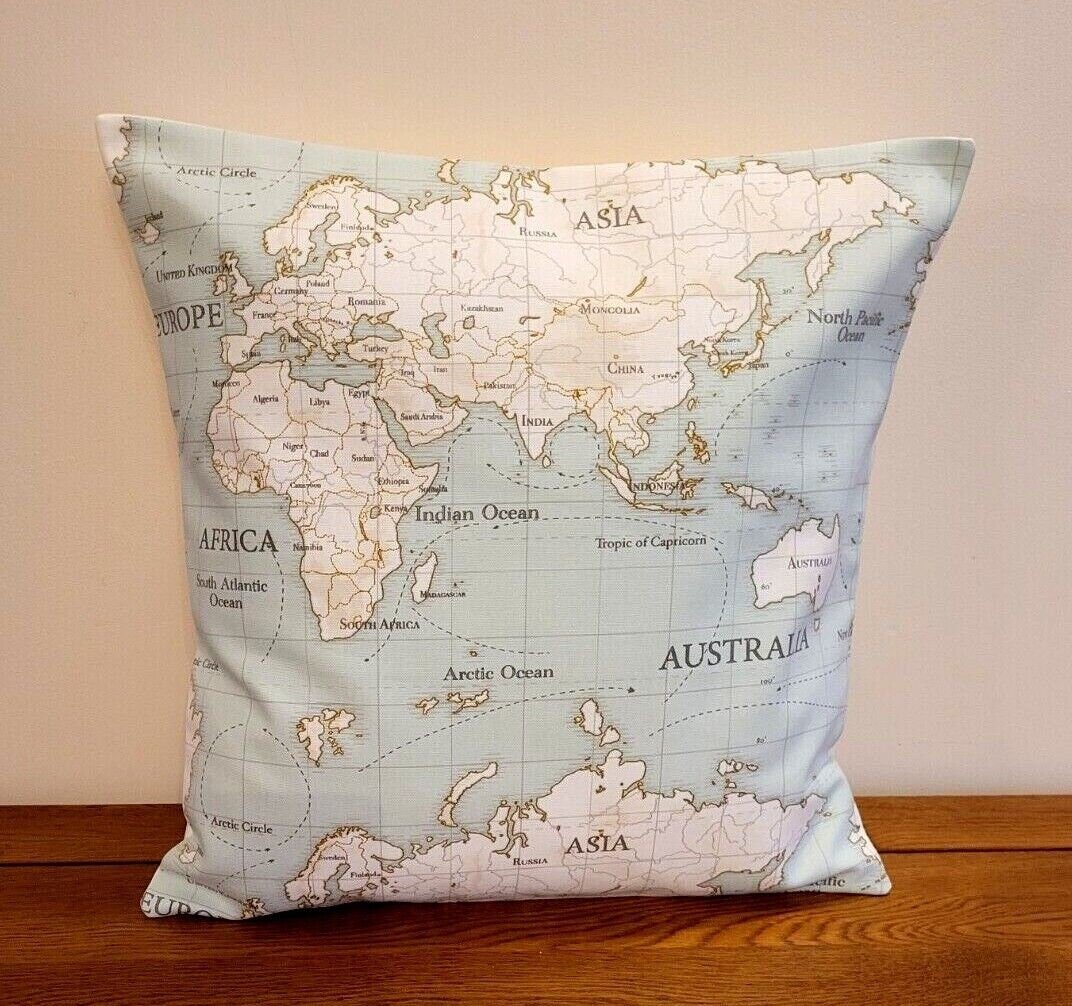 World Maps Cushion Cover , Atlas Duckegg Aqua Blue Pillow Cover 10" 12" 14" 16" 17" 18" 20" 22" 24" 26" 100% Cotton Handmade - CushionCoverAndDecor