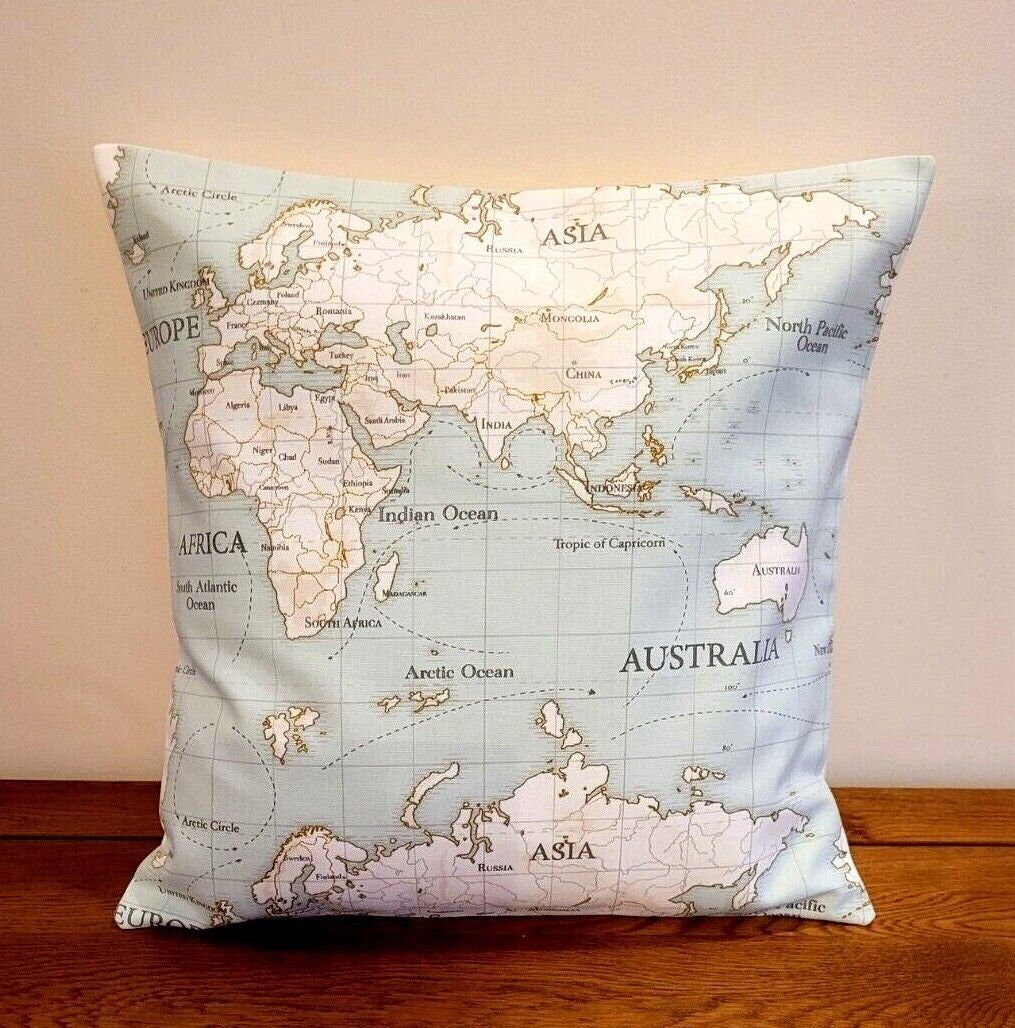 World Maps Cushion Cover , Atlas Duckegg Aqua Blue Pillow Cover 10" 12" 14" 16" 17" 18" 20" 22" 24" 26" 100% Cotton Handmade - CushionCoverAndDecor