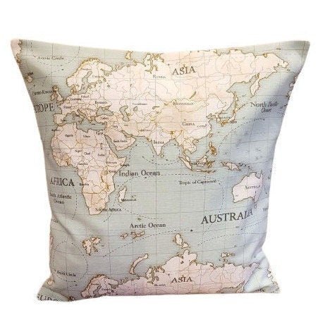 World Maps Cushion Cover , Atlas Duckegg Aqua Blue Pillow Cover 10" 12" 14" 16" 17" 18" 20" 22" 24" 26" 100% Cotton Handmade - CushionCoverAndDecor