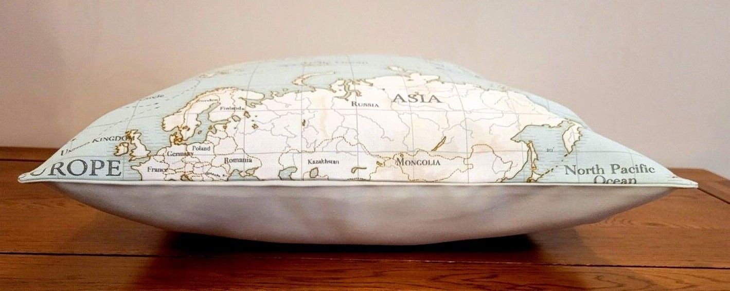 World Maps Cushion Cover , Atlas Duckegg Aqua Blue Pillow Cover 10" 12" 14" 16" 17" 18" 20" 22" 24" 26" 100% Cotton Handmade - CushionCoverAndDecor