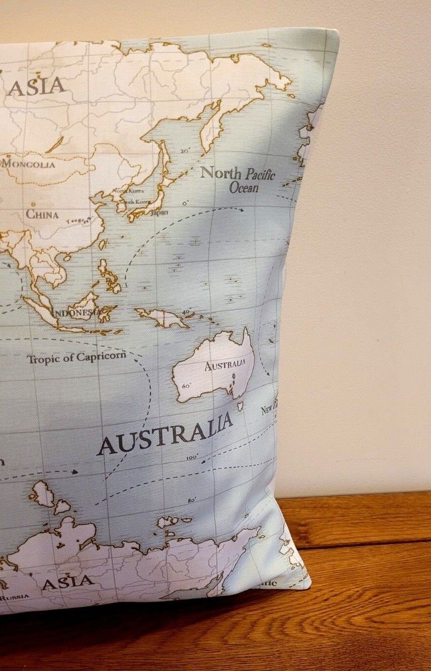 World Maps Cushion Cover , Atlas Duckegg Aqua Blue Pillow Cover 10" 12" 14" 16" 17" 18" 20" 22" 24" 26" 100% Cotton Handmade - CushionCoverAndDecor