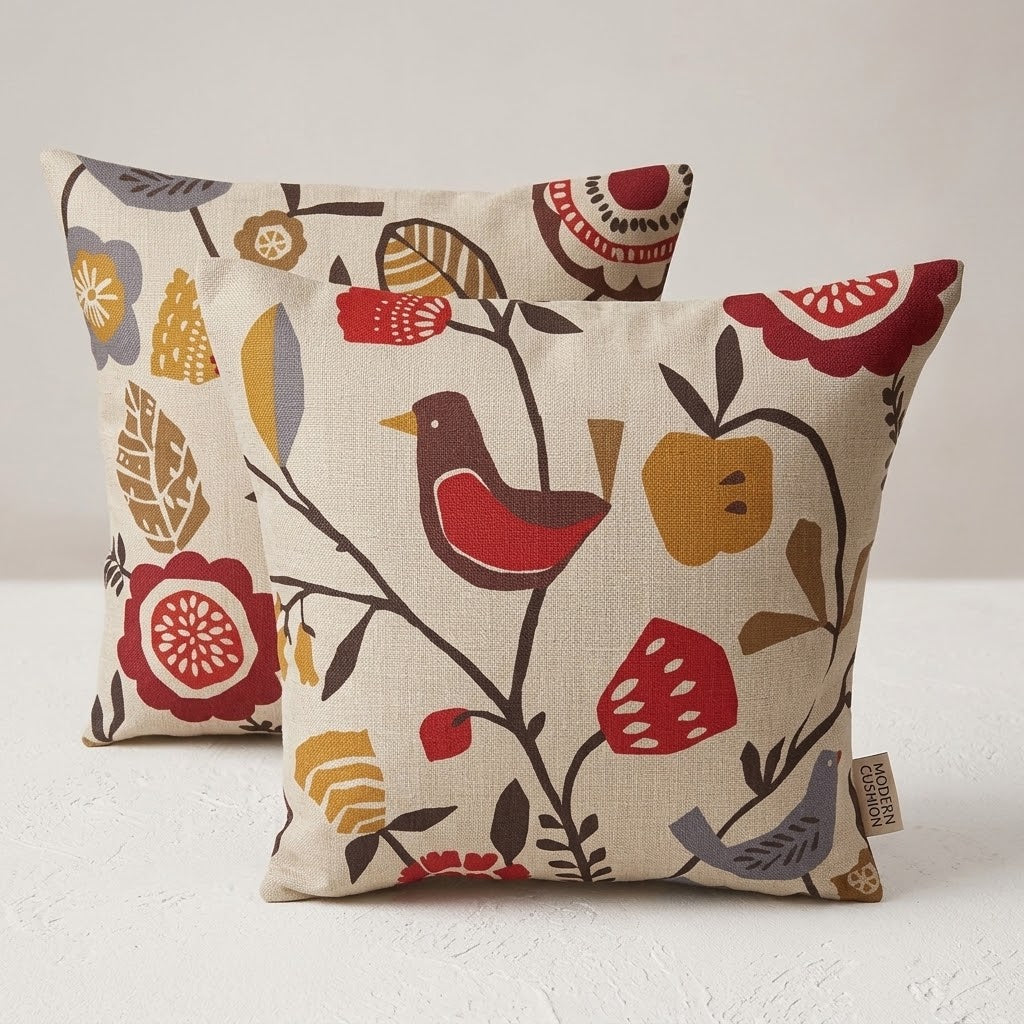Scandi Bird Floral Folki Indigo Cranberry Cushion Cover