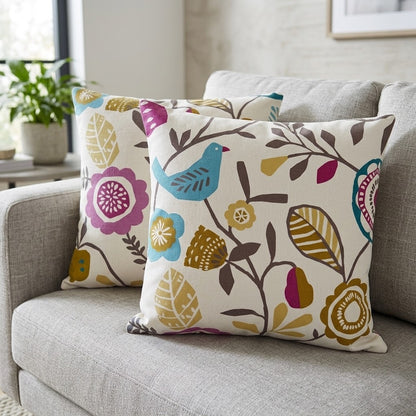 Federa per cuscino in cotone, motivo floreale con uccelli, colore: viola oliva mélange, 25,4 cm, 30,5 cm, 35,6 cm, 40,6 cm, 43,2 cm, 50,8 cm, 55,9 cm, 60,8 cm, 66,7 cm