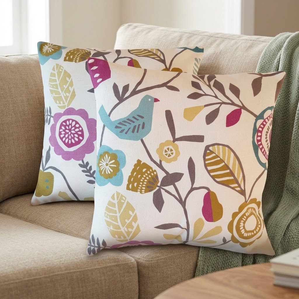 Federa per cuscino in cotone, motivo floreale con uccelli, colore: viola oliva mélange, 25,4 cm, 30,5 cm, 35,6 cm, 40,6 cm, 43,2 cm, 50,8 cm, 55,9 cm, 60,8 cm, 66,7 cm