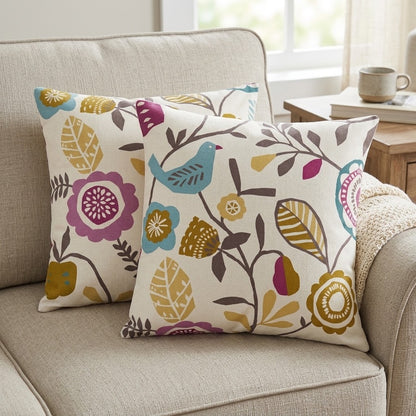 Federa per cuscino in cotone, motivo floreale con uccelli, colore: viola oliva mélange, 25,4 cm, 30,5 cm, 35,6 cm, 40,6 cm, 43,2 cm, 50,8 cm, 55,9 cm, 60,8 cm, 66,7 cm