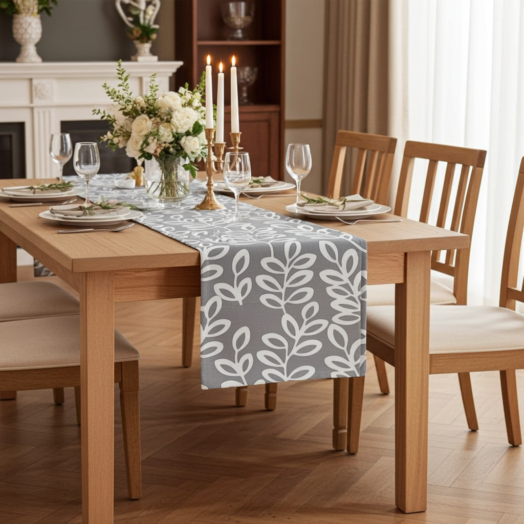Runner da tavolo Heritage Fern Beige Marrone Uccelli Motivo floreale 36" 48" 54" 60" 64" 72" 84" 96" 104" Fatto a mano 100% cotone
