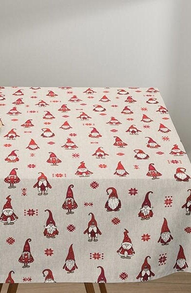 Elves Christmas Tablecloth , Natural Red Table Cover , Christmas Elf Tablecloth , Tablecloth UK